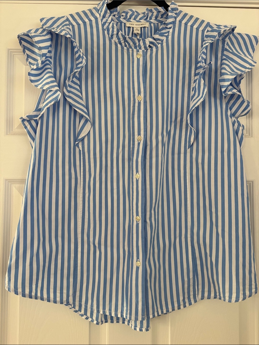 Tuckernuck Ruffle Sleeve Striped Button-Front Blouse - Blue/White. NWT